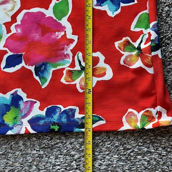 ILE New York Red Floral Midi Dress Womens 14 Bell Sleeves Tropical Whimsical - Picture 7 of 8